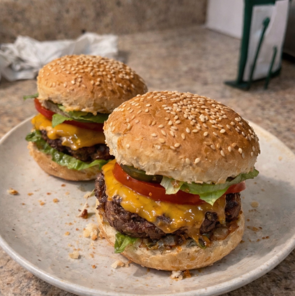 Homemade Cheeseburger with Lettuce, Tomato, and Pickles