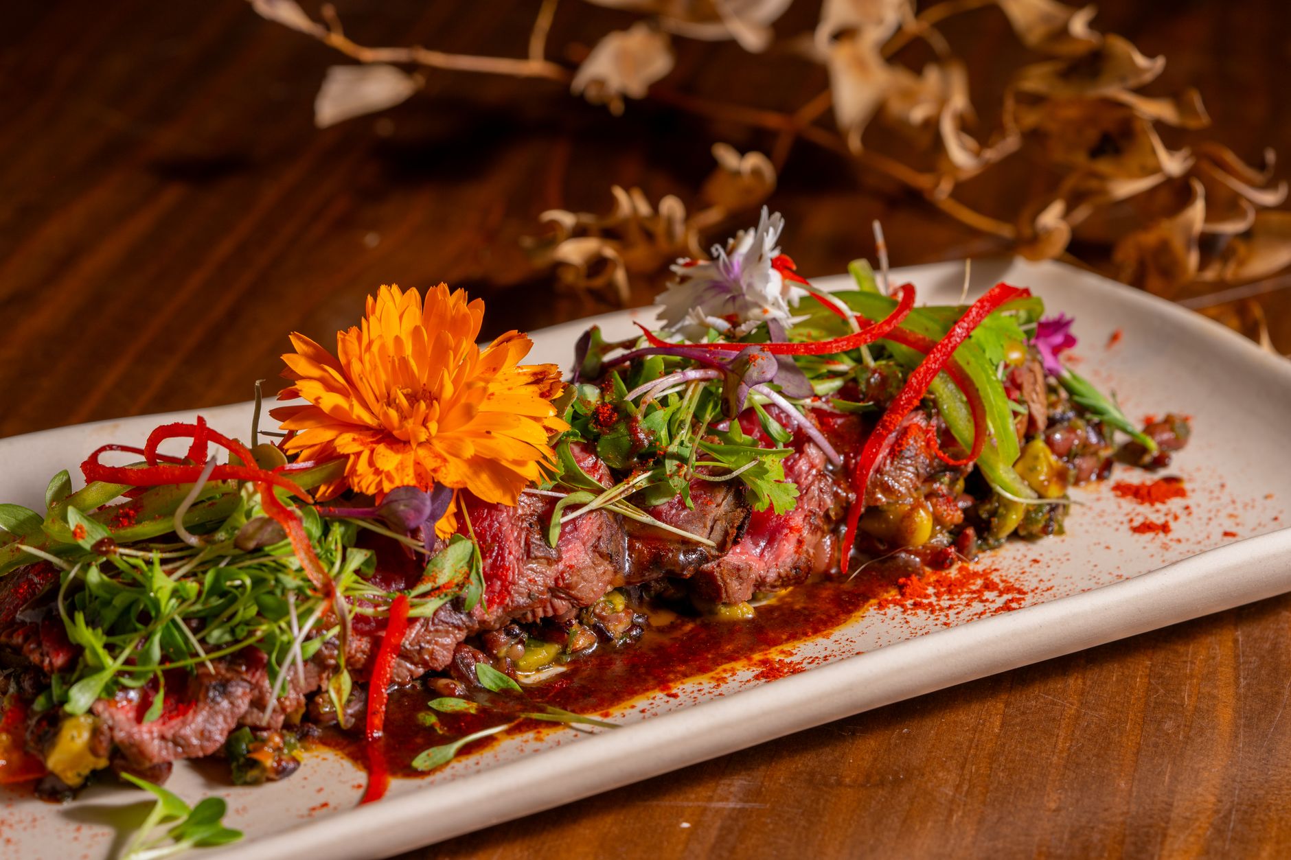 Beef Tartare with Microgreens and Edible Flowers