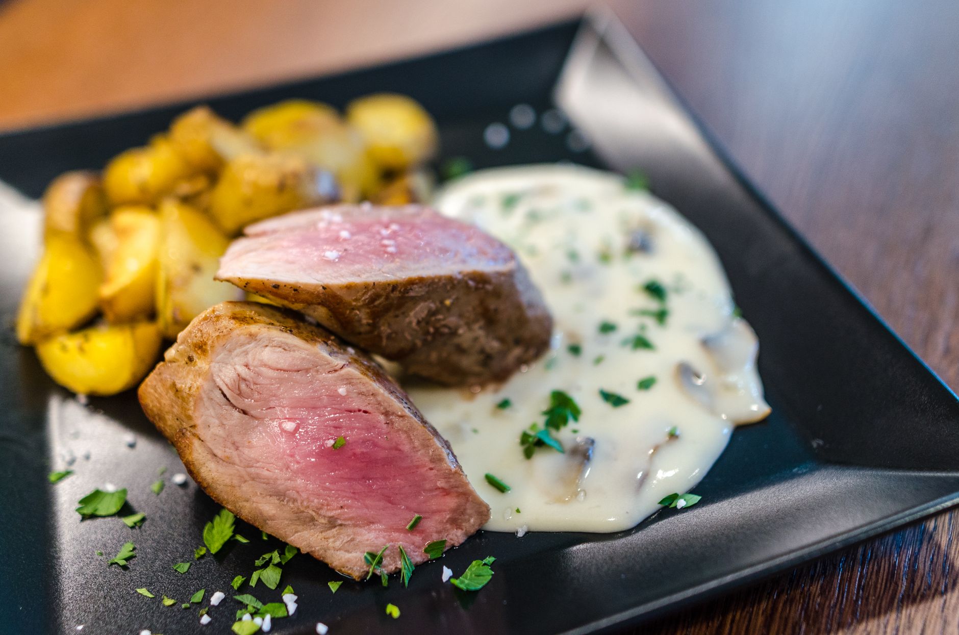 Beef Tenderloin with Mushroom Cream Sauce and Roasted Potatoes