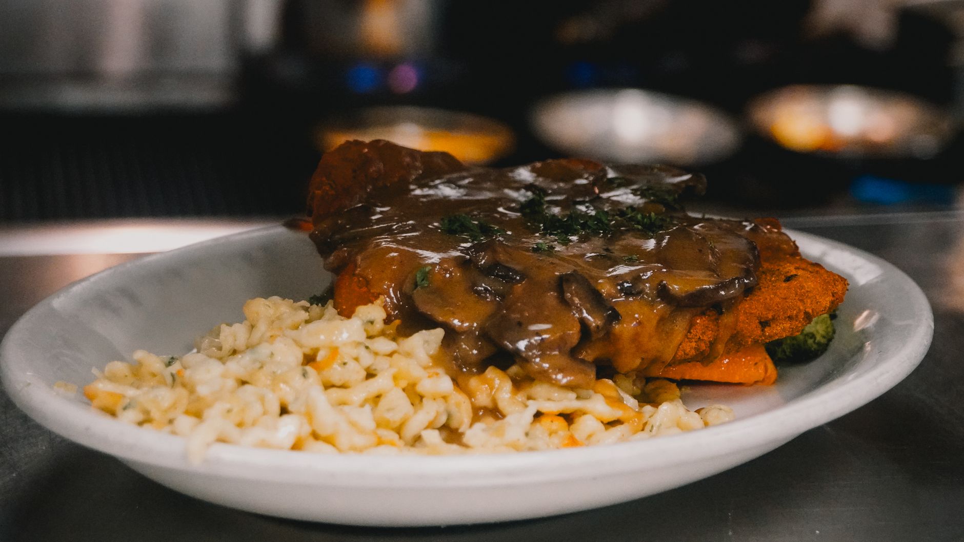 Breaded Veal Cutlet with Mushroom Gravy and Spaetzle