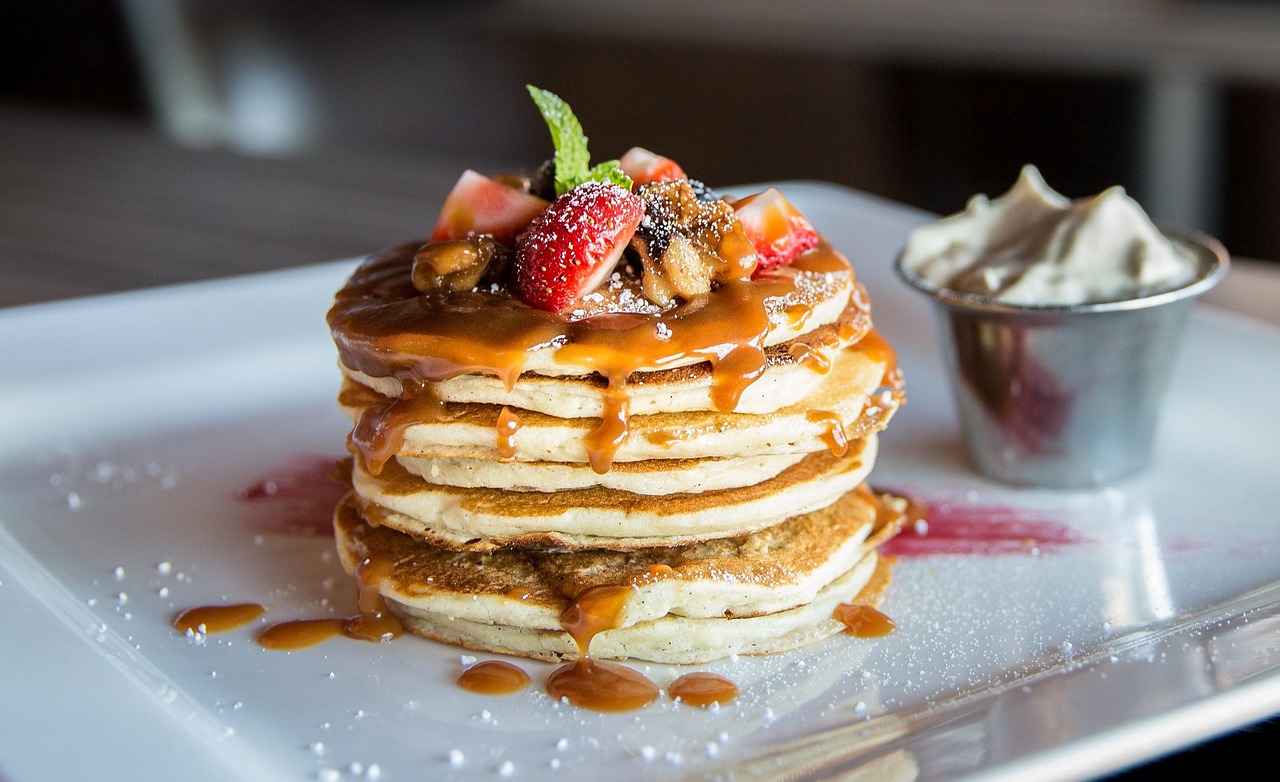 Buttermilk Pancakes with Strawberries and Caramel