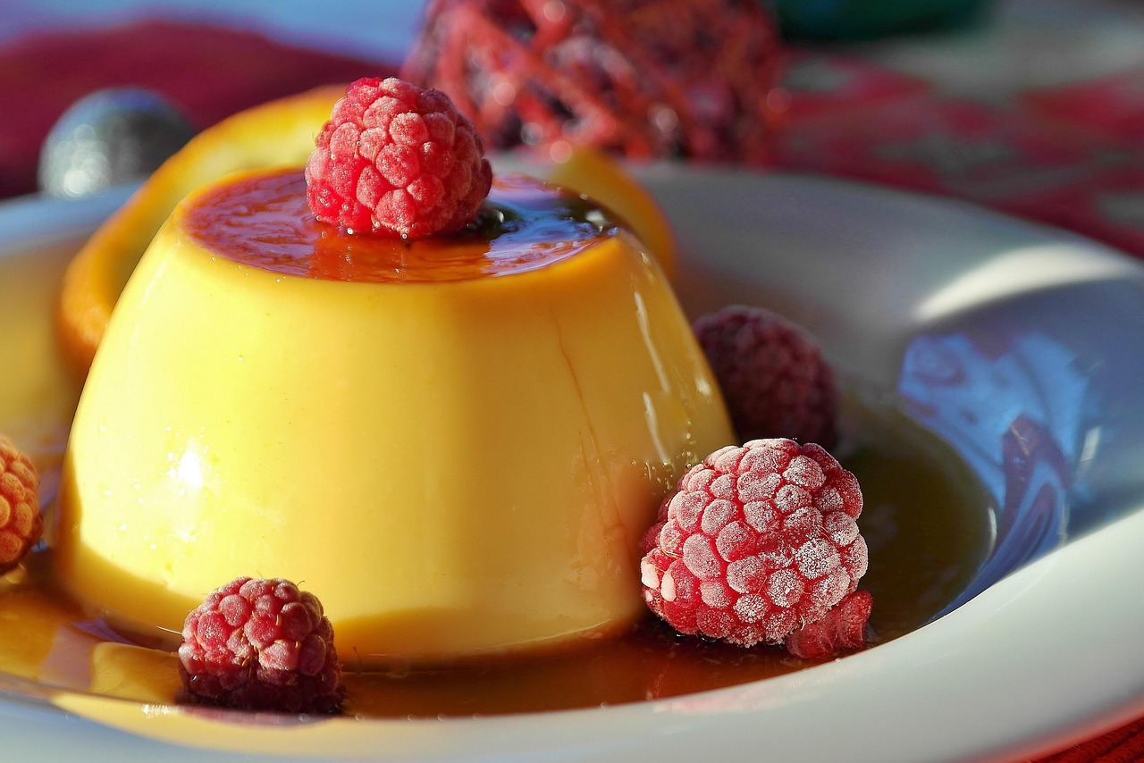 Caramel Flan with Raspberries