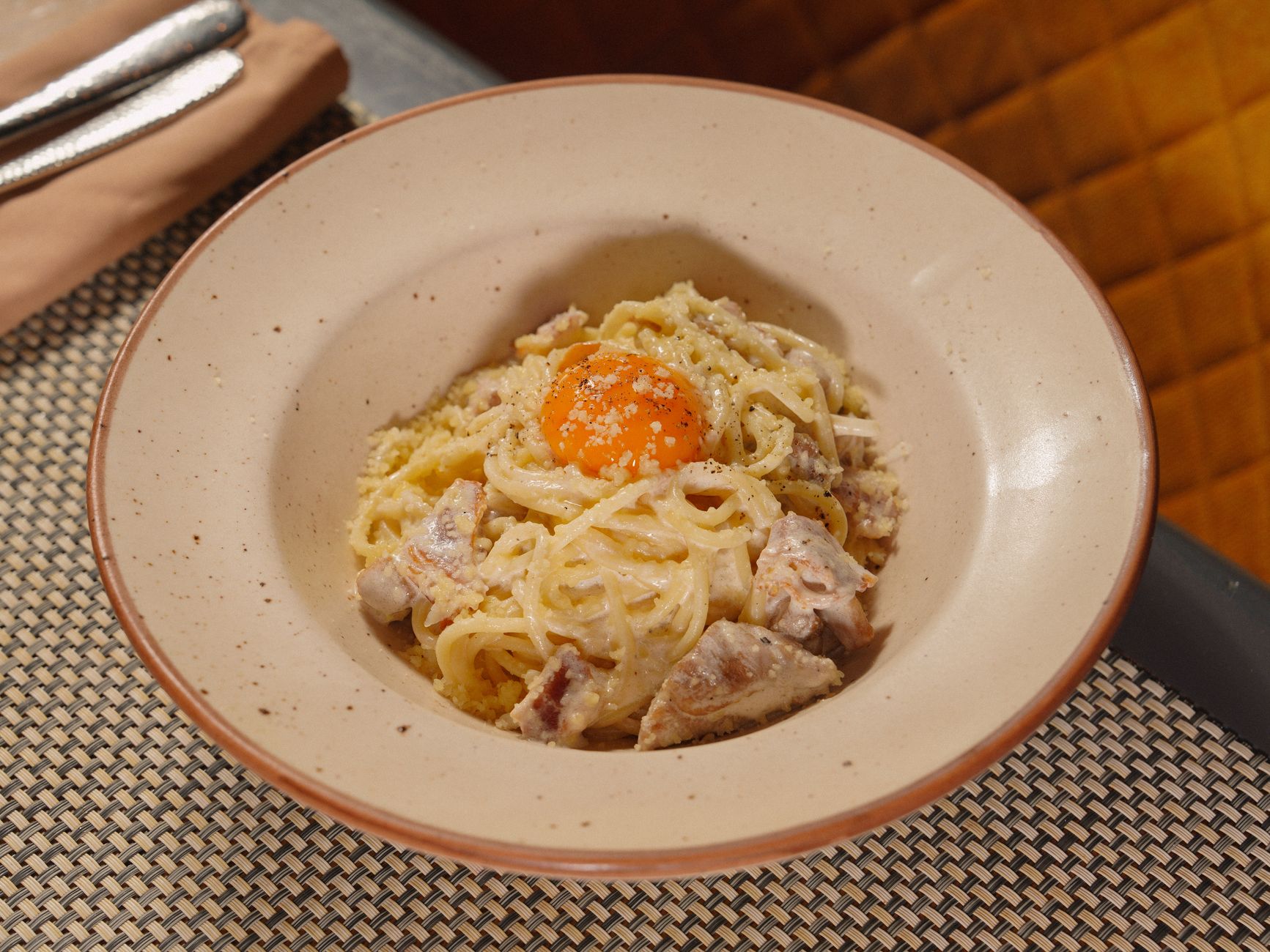 Carbonara Pasta With Raw Egg Yolk