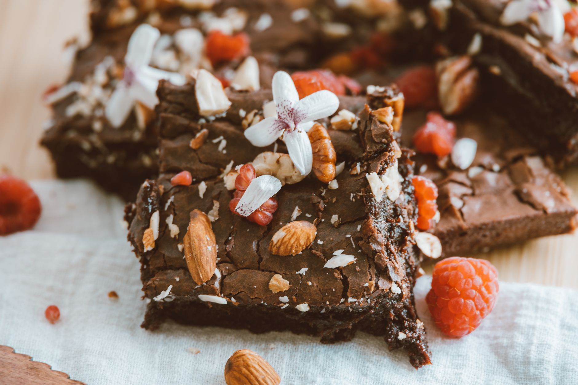 Chocolate Brownies with Raspberries and Almonds