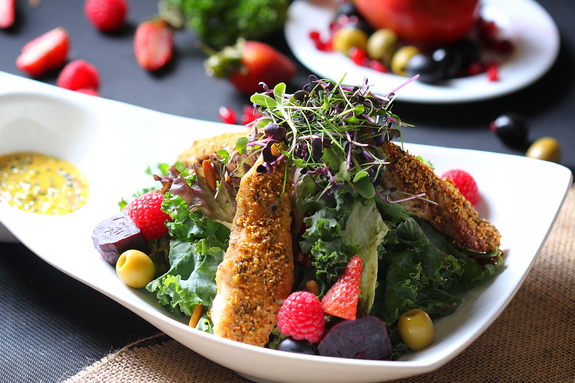 Crusted Fish Salad with Greens and Berries
