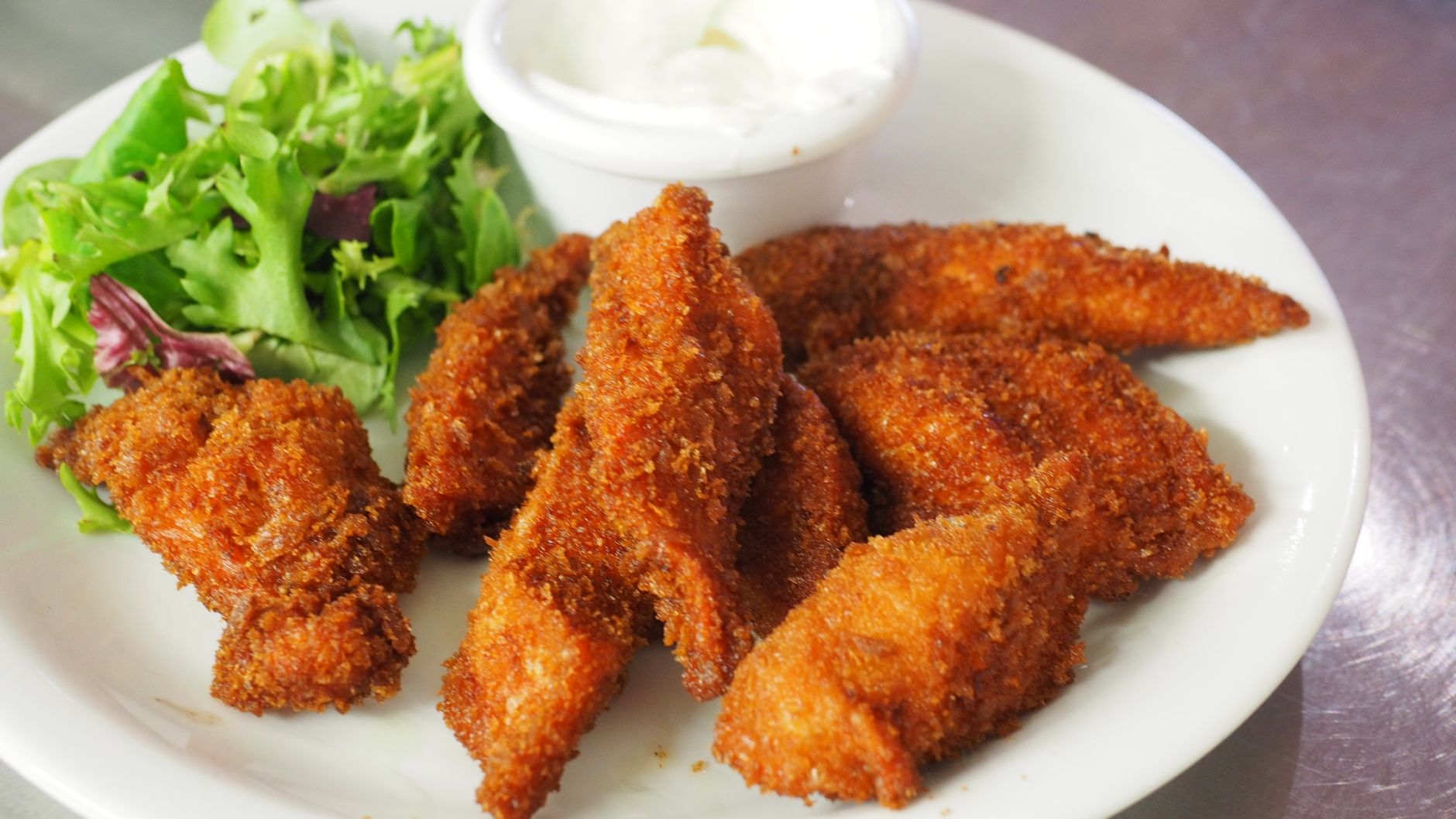 Fried Chicken Strips with Salad and Dipping Sauce