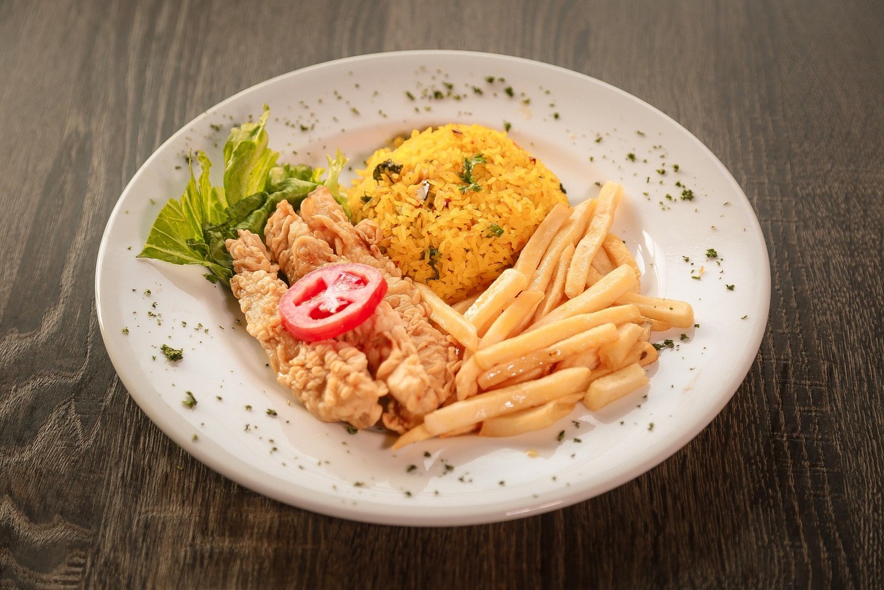 Fried Chicken with Rice and Fries