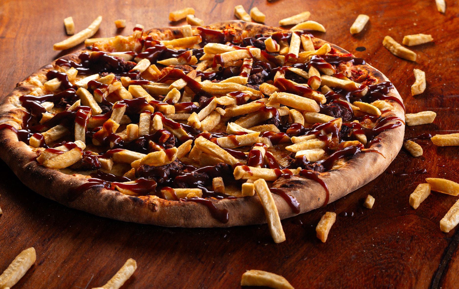 Fries and Chocolate Sauce Pizza