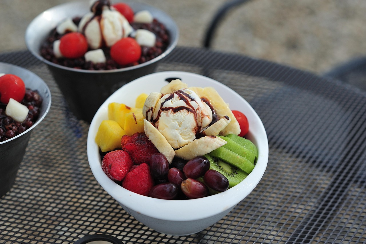 Fruit Bowl with Ice Cream and Chocolate Drizzle