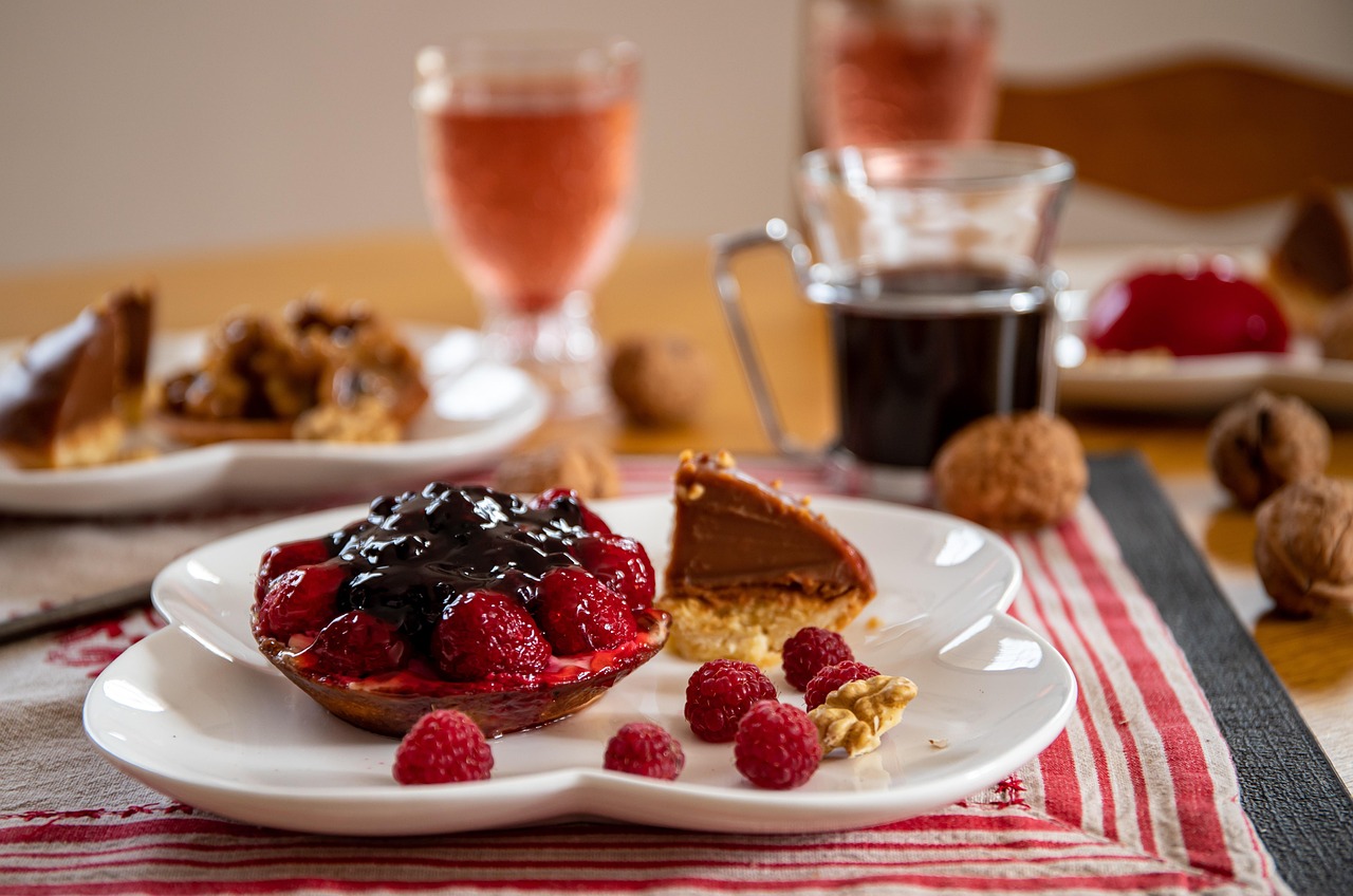 Fruit Tart with Chocolate Sauce and Walnuts