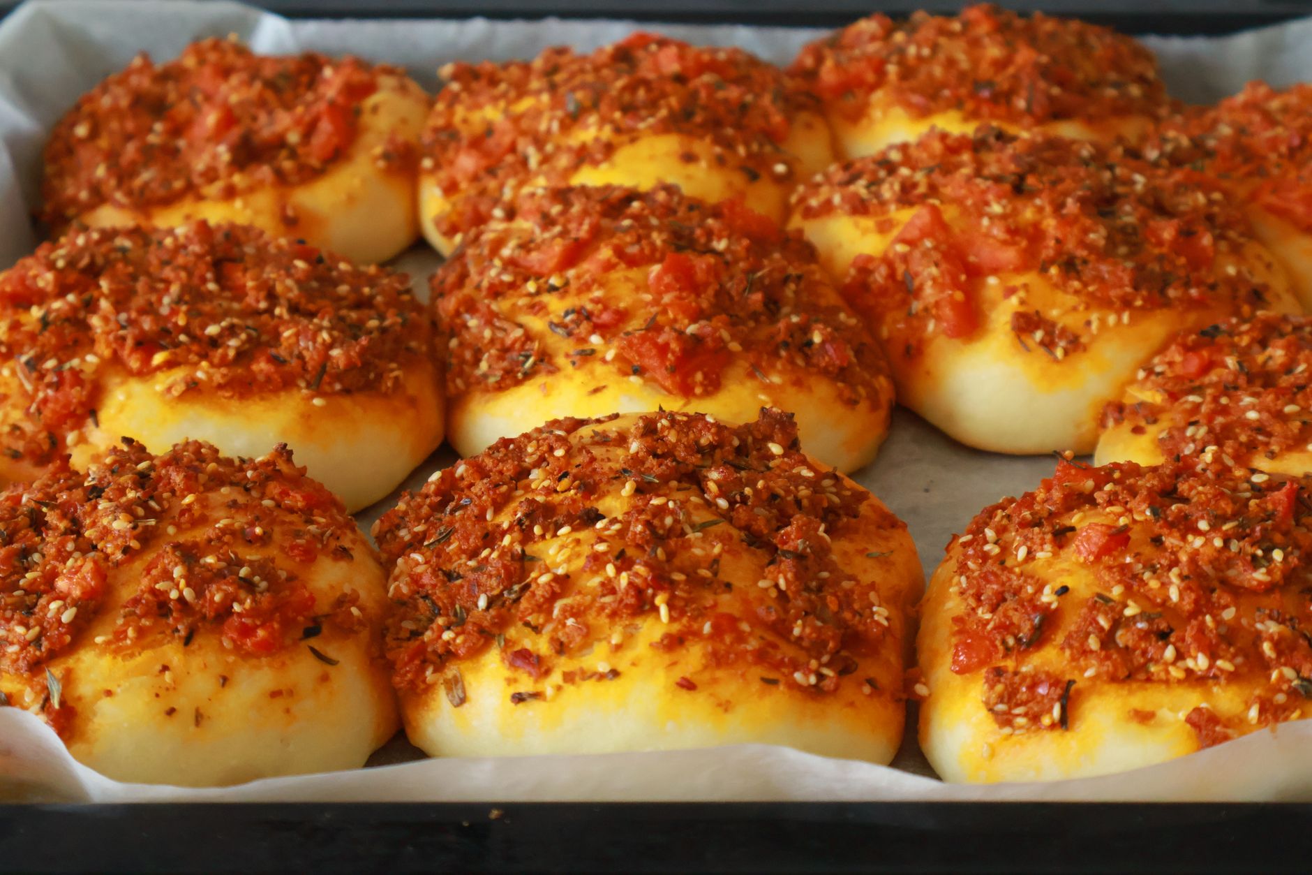 Garlic Cheese Bread Rolls with Tomato and Meat Topping
