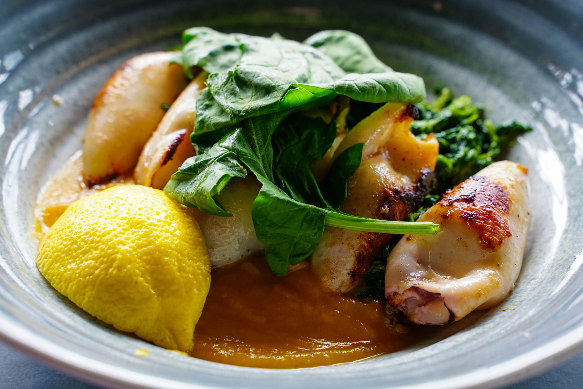 Grilled Calamari with Spinach and Lemon