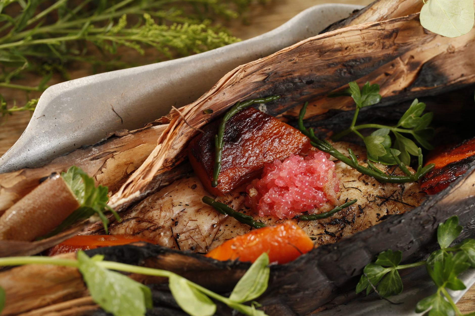 Grilled Fish with Charred Vegetables and Herb Sauce