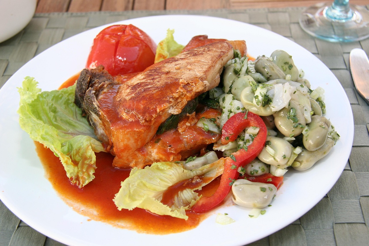 Grilled Fish with Eggplant Salad and Tomato