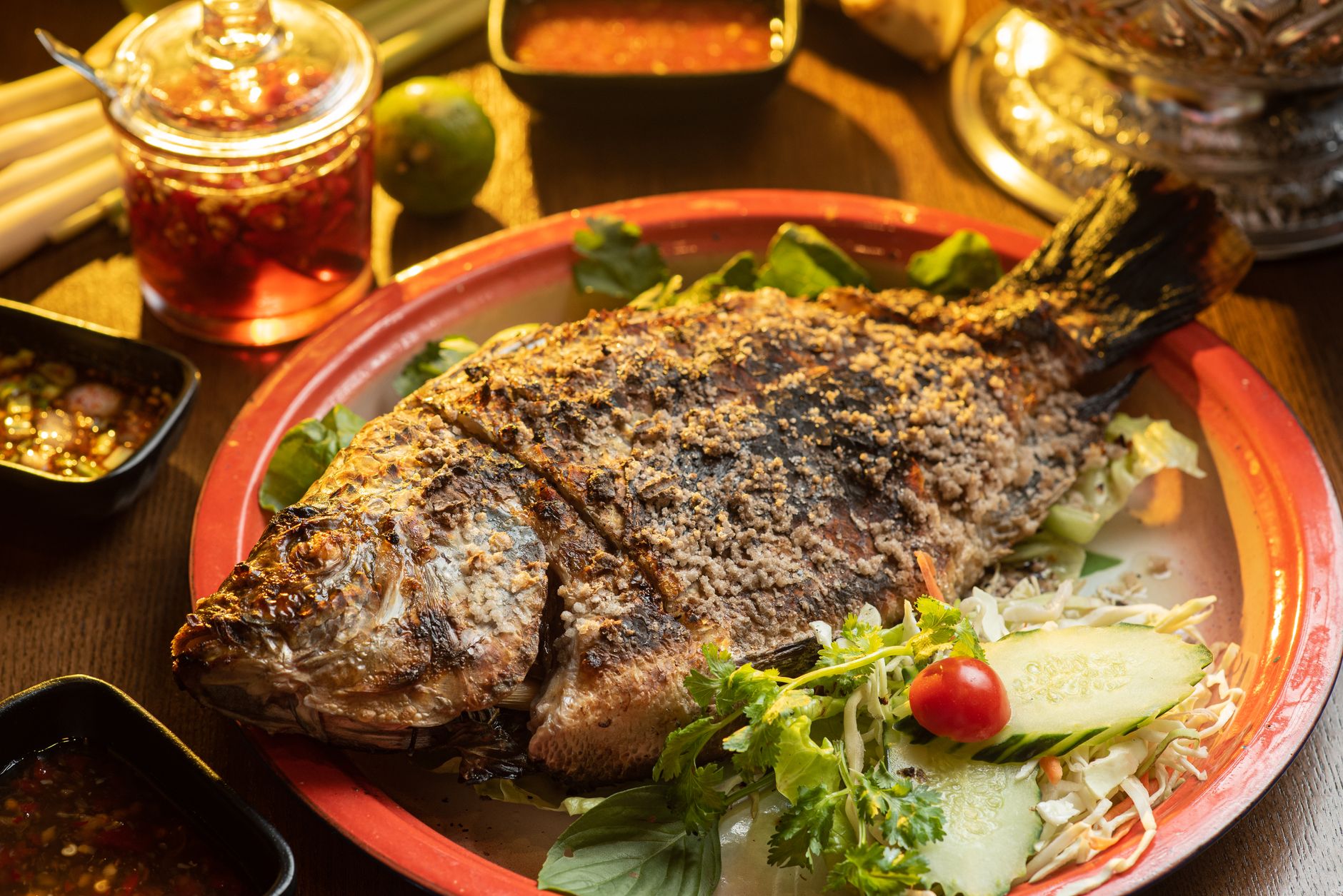Grilled Fish with Herbs and Dipping Sauces