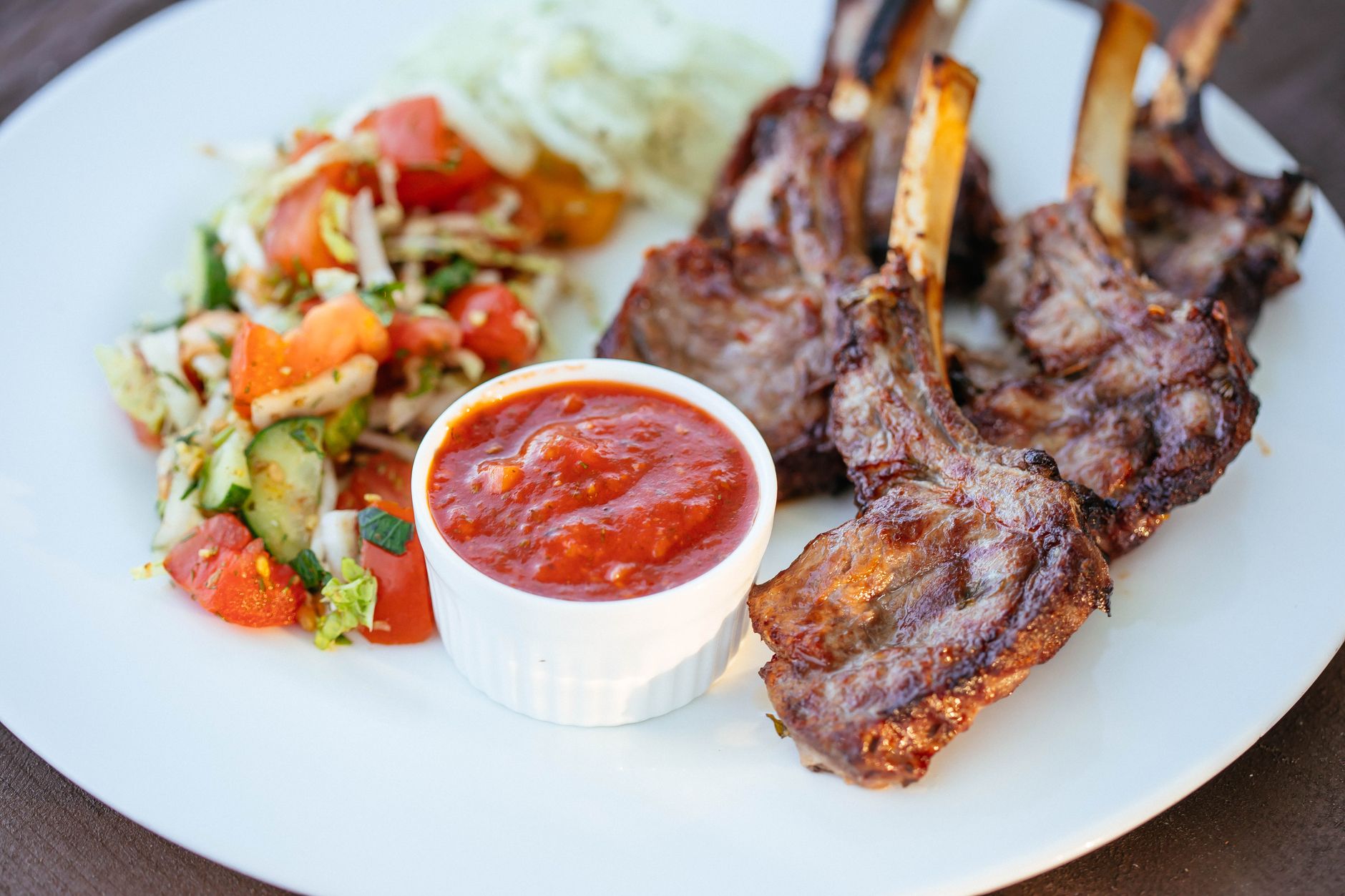 Grilled Lamb Chops with Salad and Dipping Sauce
