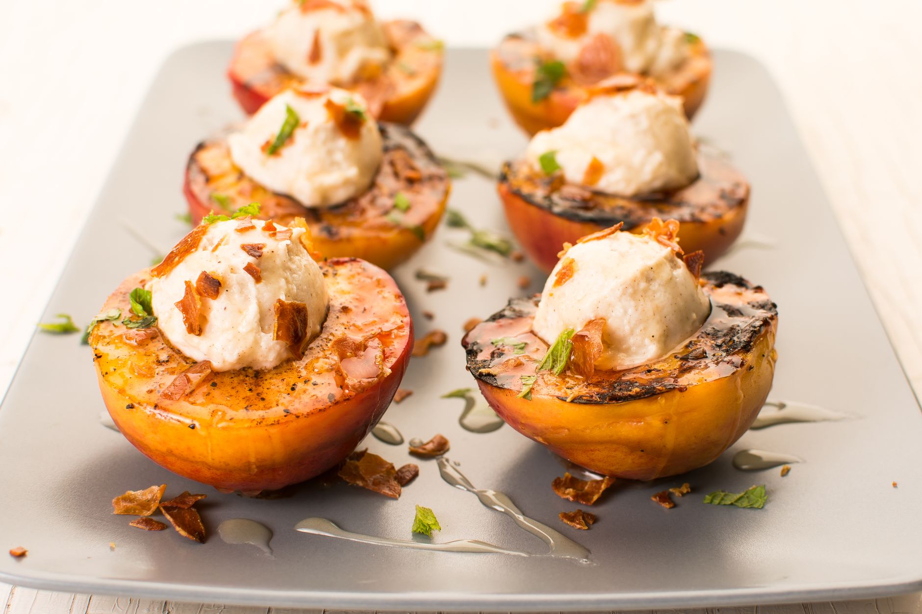 Grilled Peaches with Burrata and Pecans