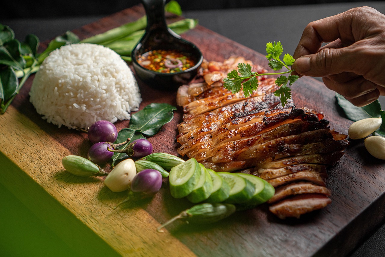 Grilled Pork with Rice and Fresh Herbs