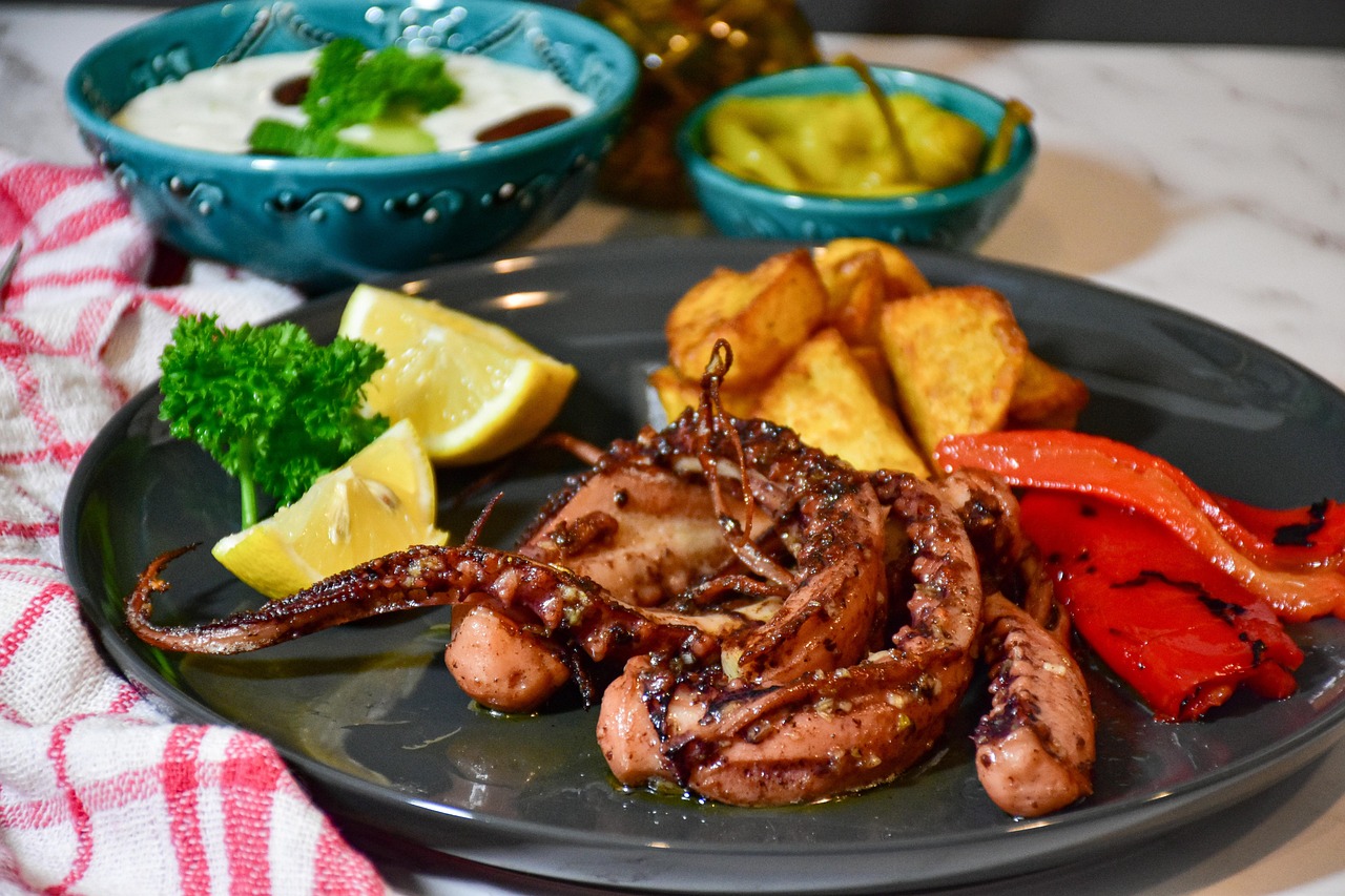 Grilled Squid with Potatoes and Peppers