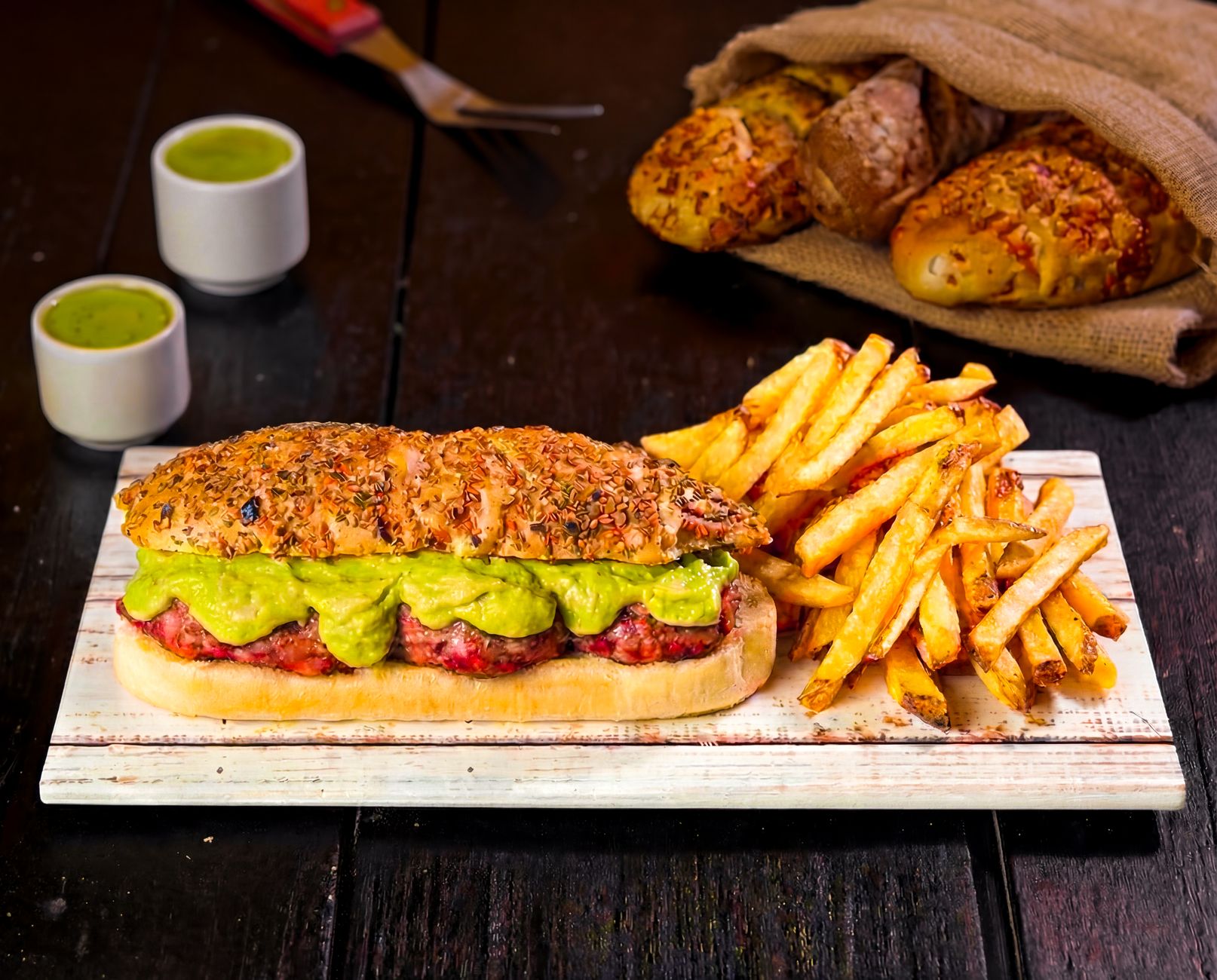 Hot Dog with Guacamole and French Fries