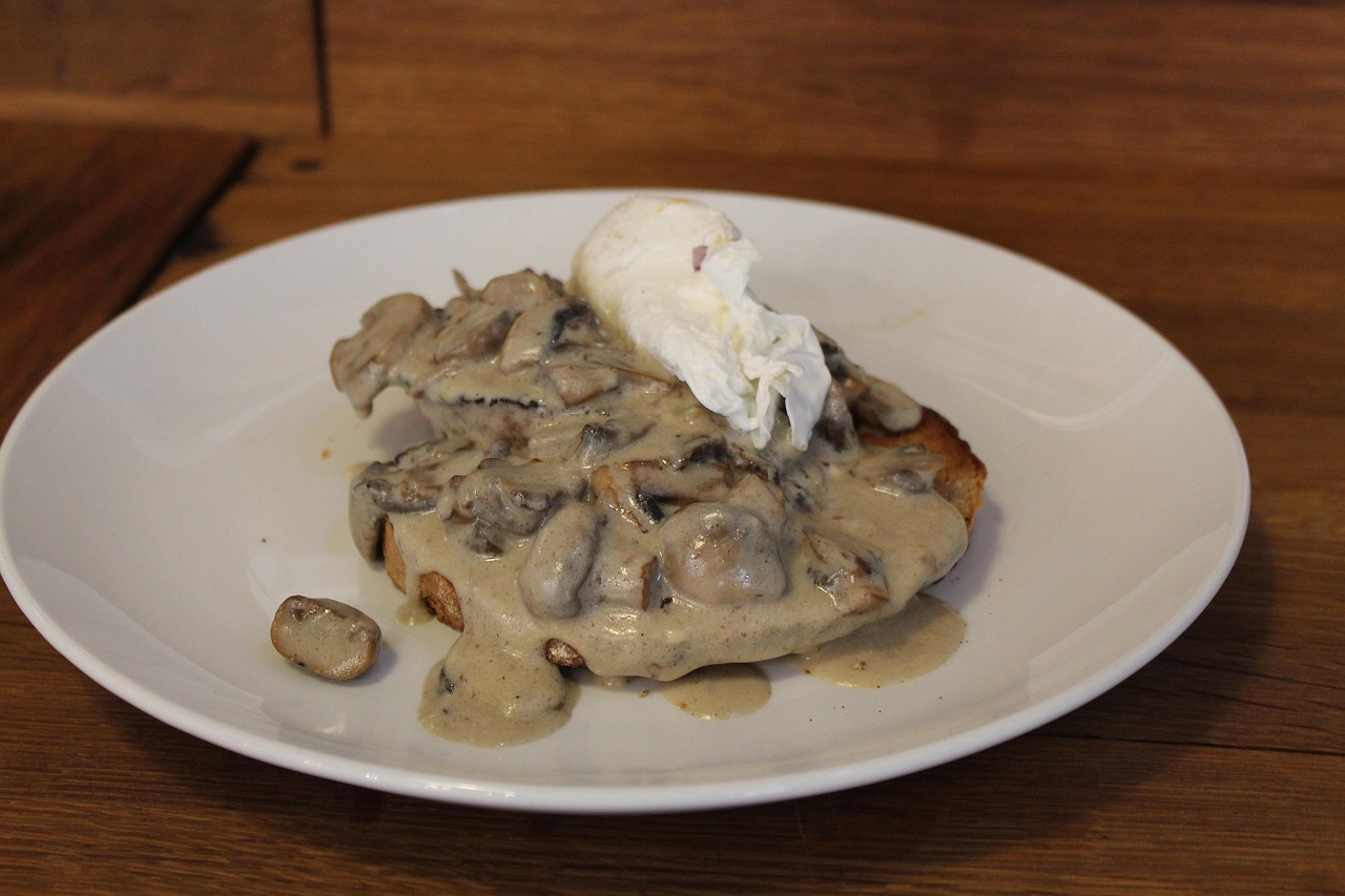 Mushroom Gravy over Biscuits with Poached Egg