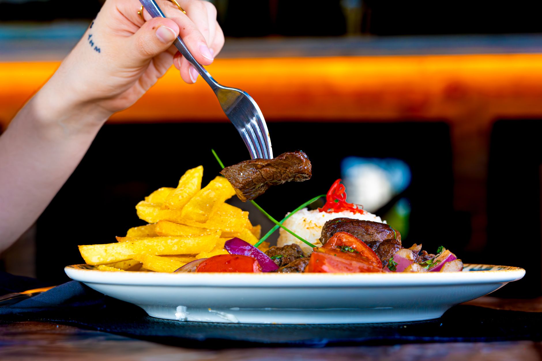 Pepper Steak with Rice and Fries