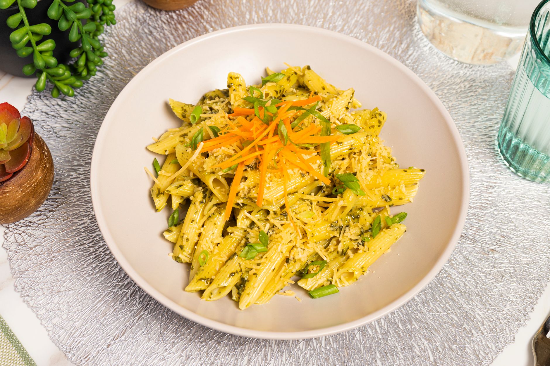 Pesto Pasta with Eggs and Carrots