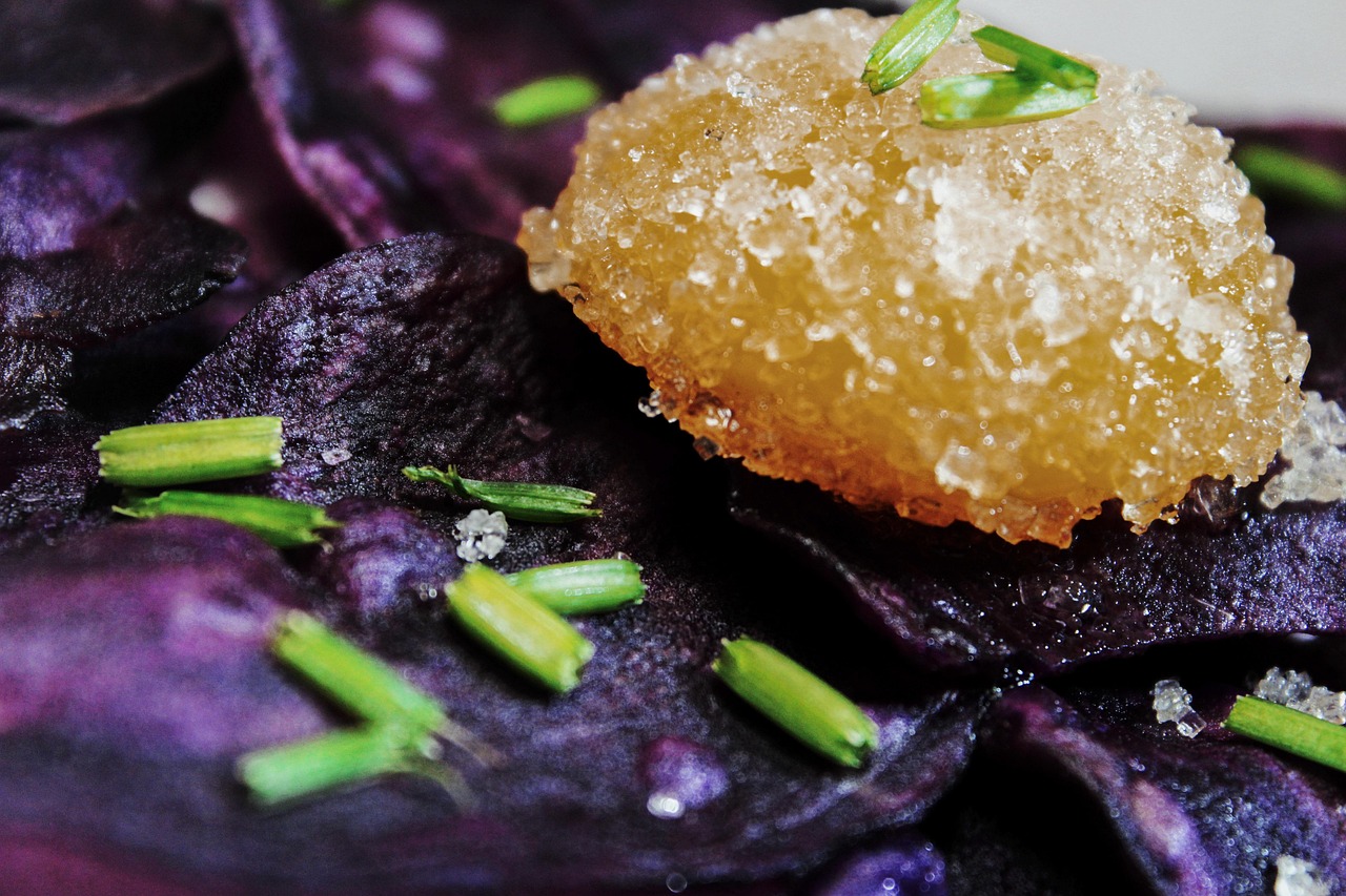 Purple Potato Chips with Honey Gelee and Chives