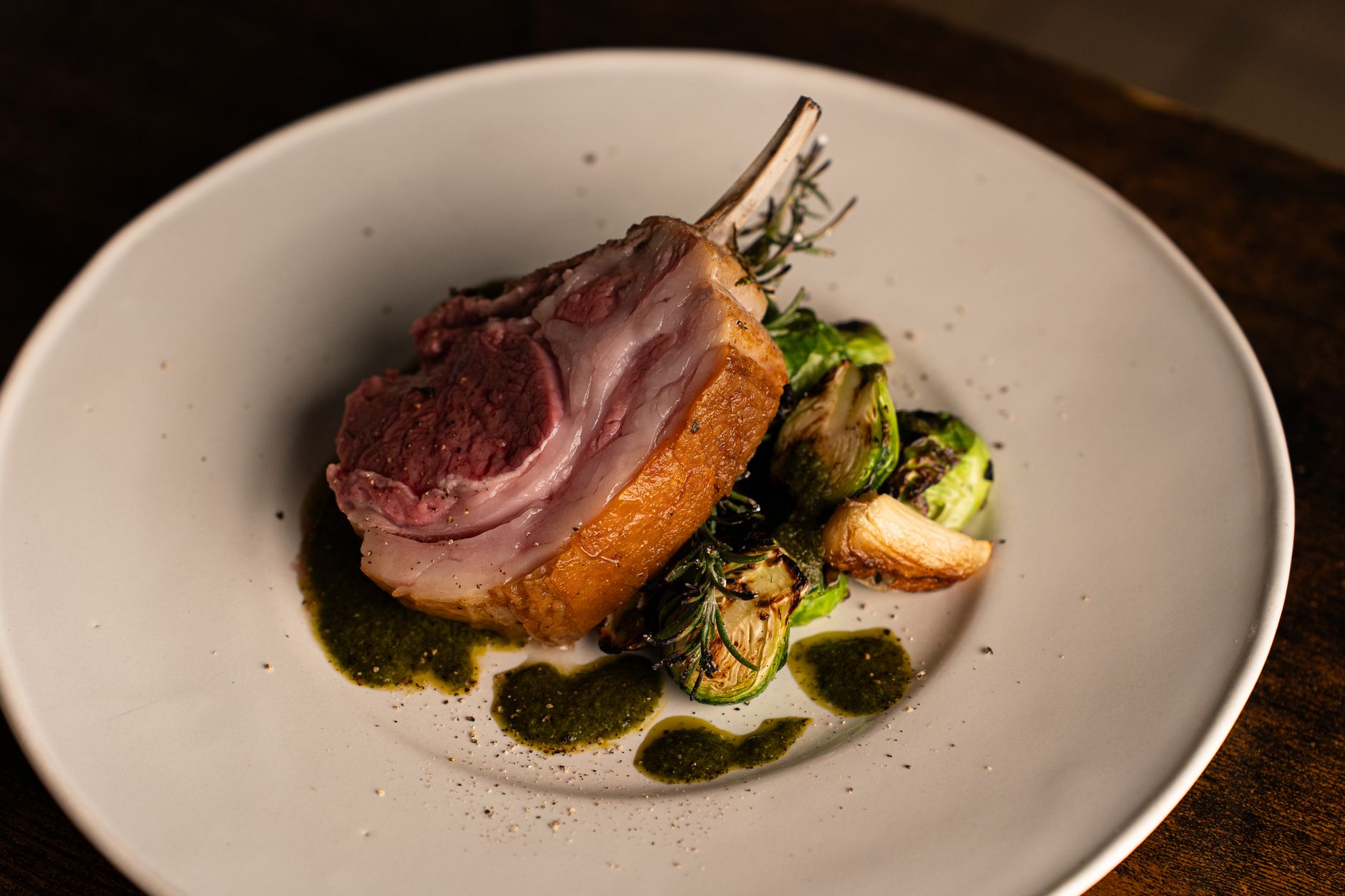Roasted Lamb Chop with Brussels Sprouts and Herb Sauce