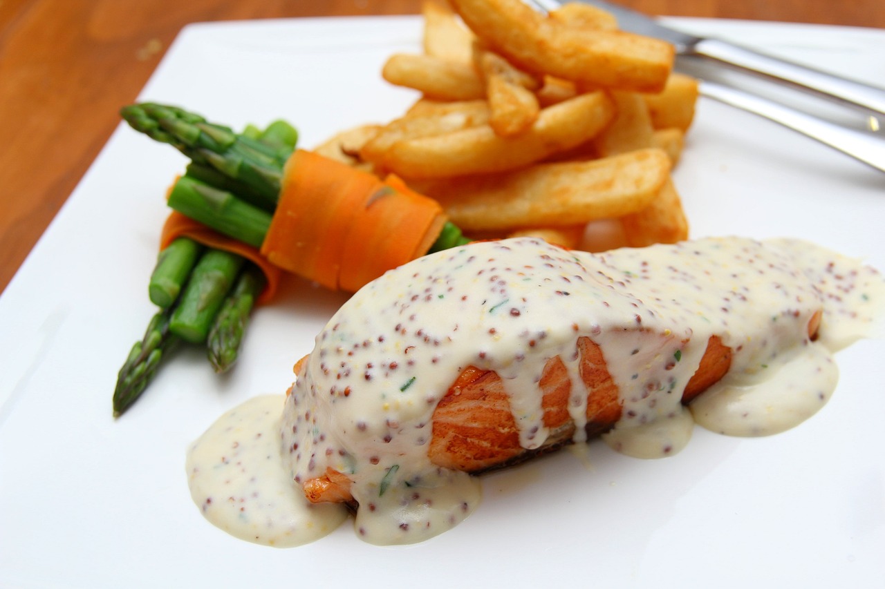 Salmon with Mustard Cream Sauce and Asparagus
