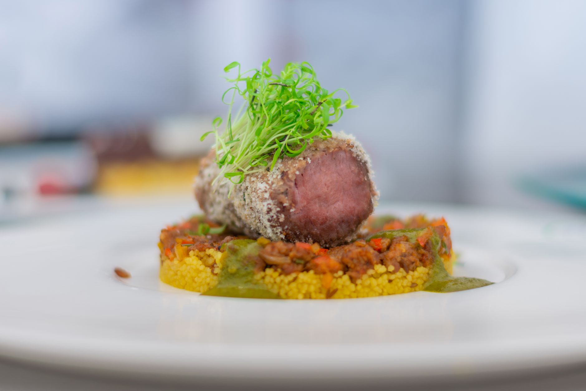 Seared Beef Tenderloin with Corn Risotto and Microgreens