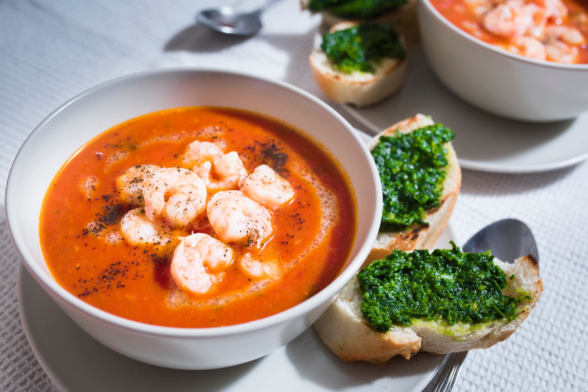Shrimp Tomato Soup with Garlic Bread
