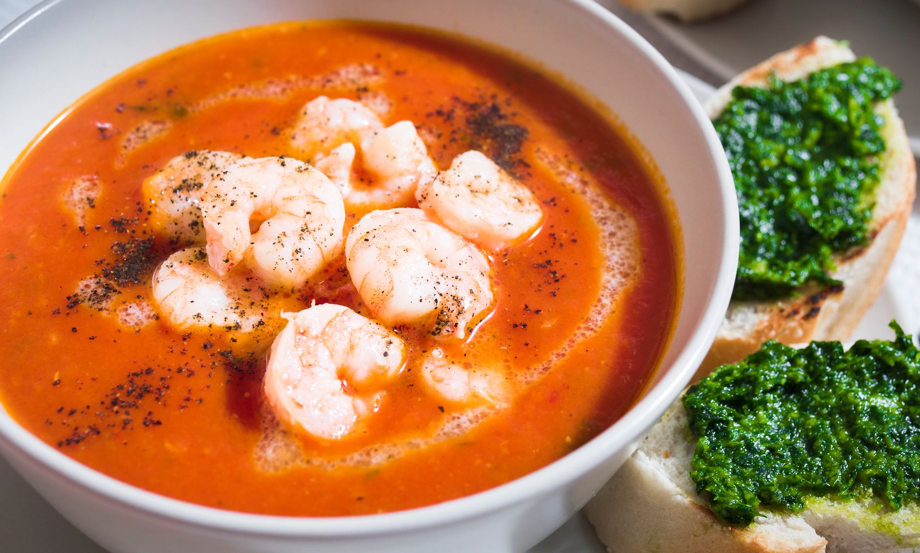 Shrimp Tomato Soup with Pesto Toast