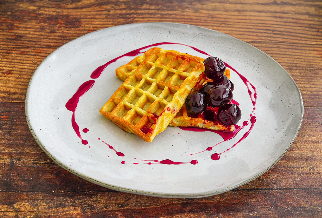Waffles with Cherries and Syrup