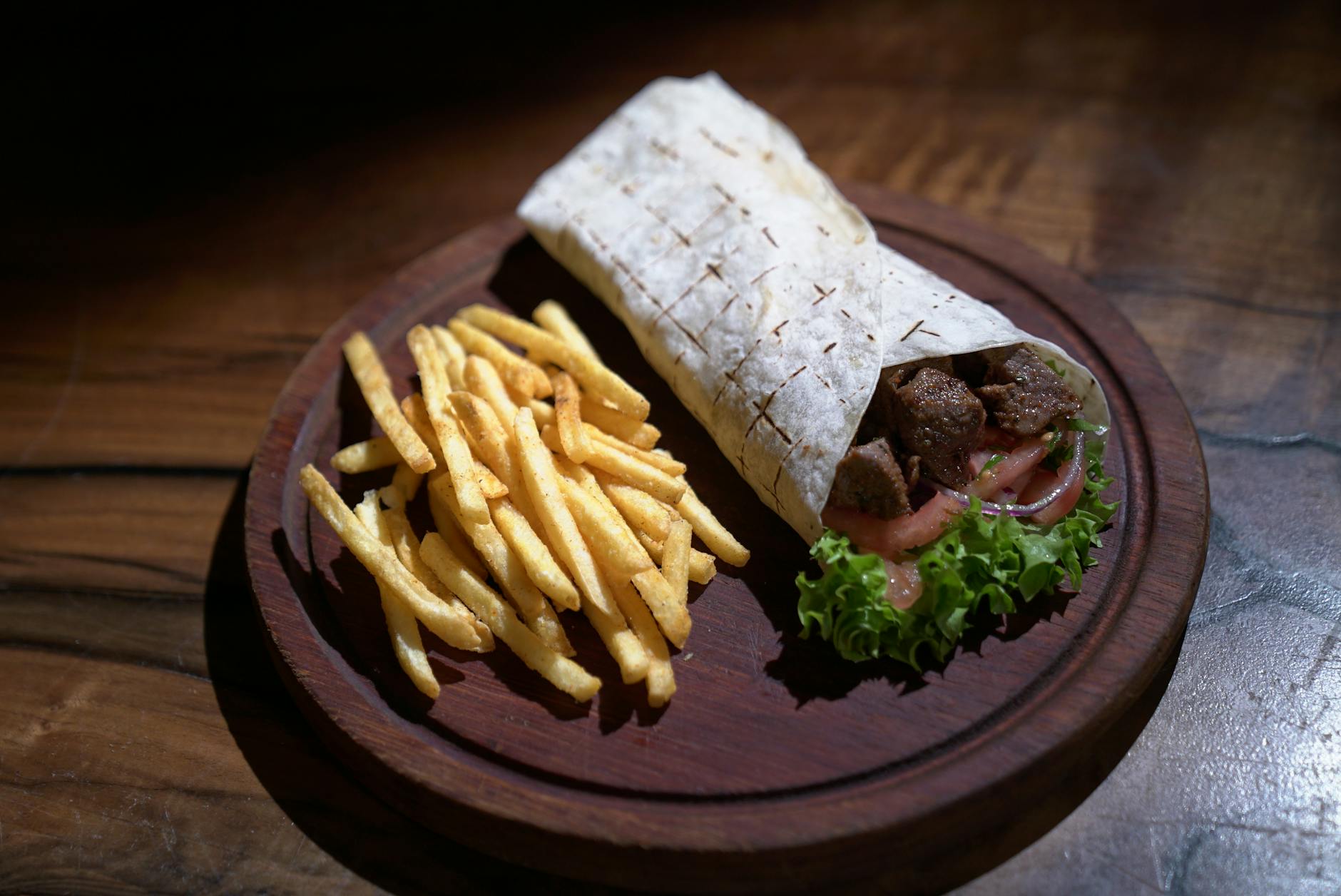 20-Min Spiced Beef Shawarma Wraps & Fries