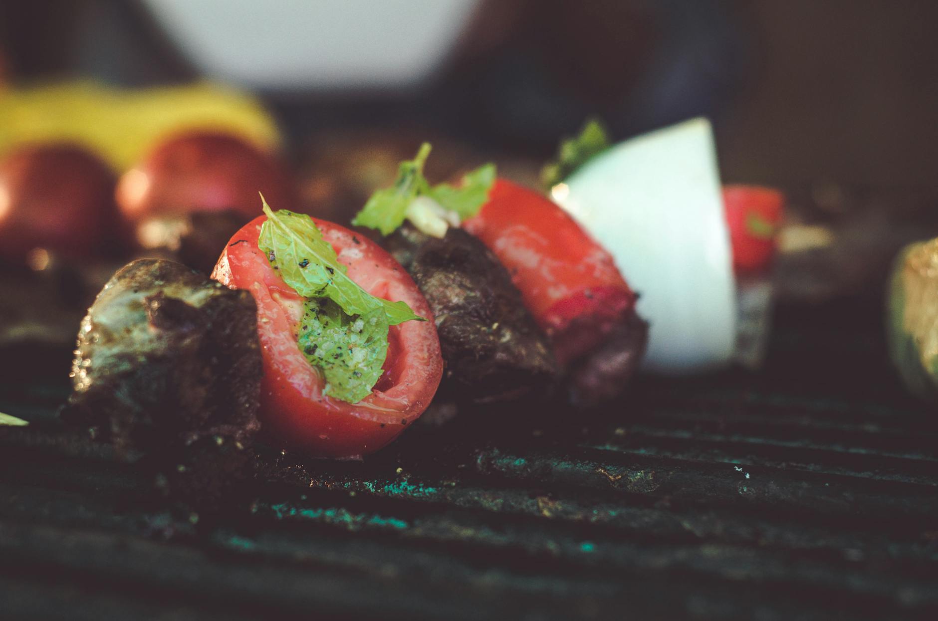 Grilled Beef Heart Skewers with Charred Tomatoes
