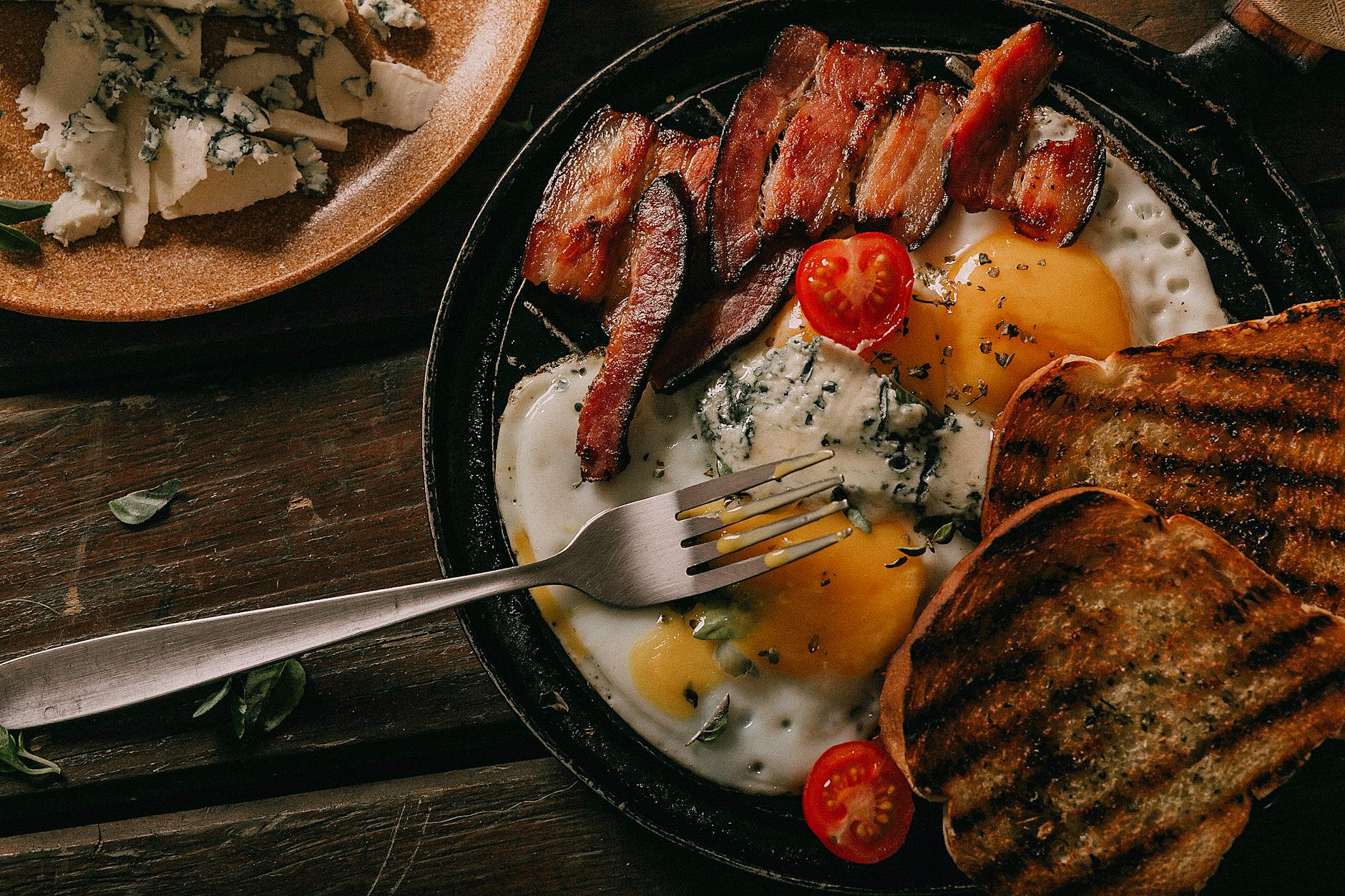 Bacon & Tomato Egg Skillet with Blue Cheese Toast