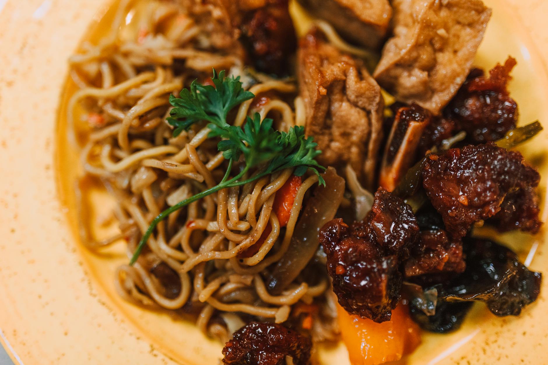 Beef Lo Mein with Crispy Tofu & Pork