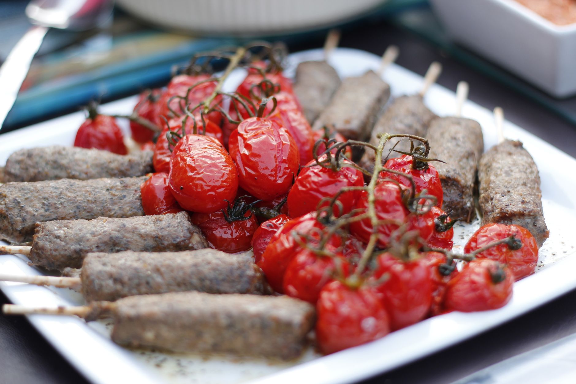 Charred Lamb Kebabs with Roasted Tomatoes
