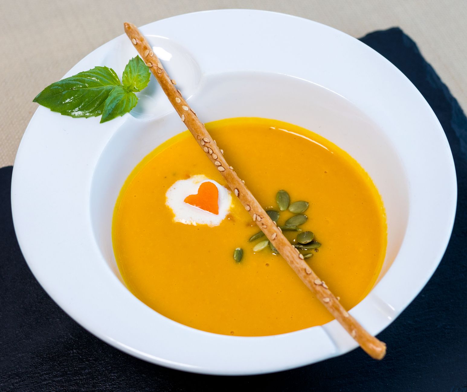 Creamy Pumpkin Soup with Crispy Breadstick