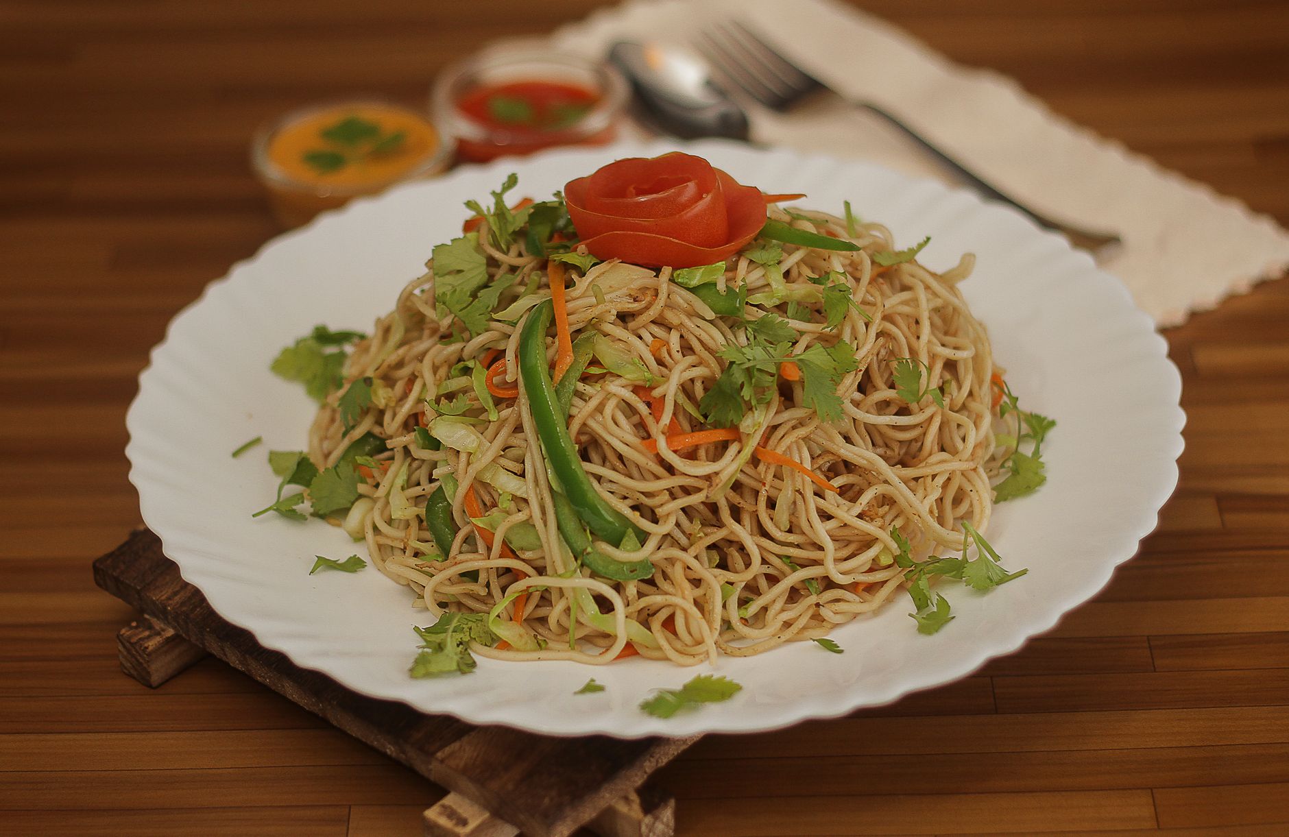 Crispy Beef Chow Mein with Chili Sauce