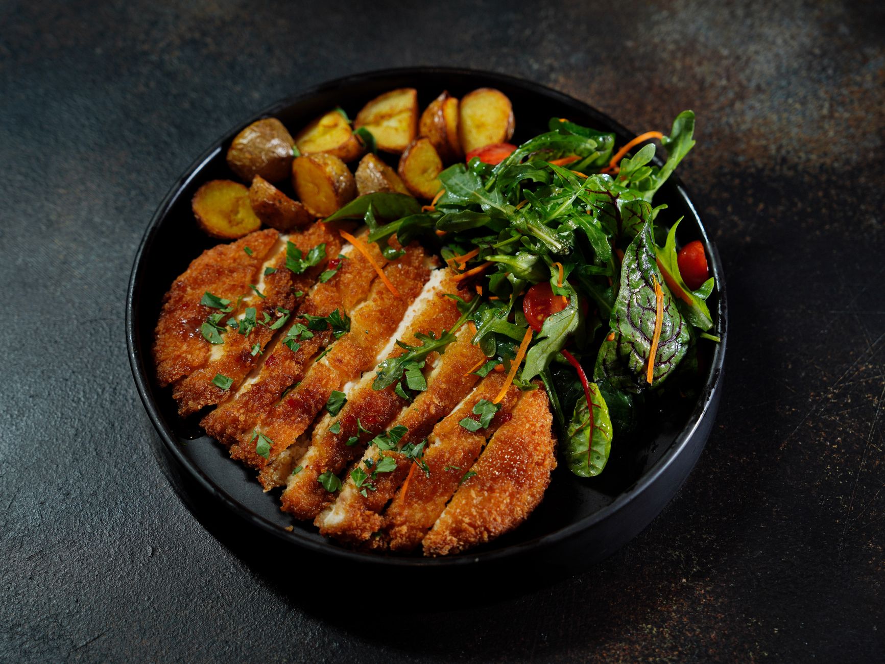 Crispy Chicken Schnitzel with Roasted Potatoes & Salad