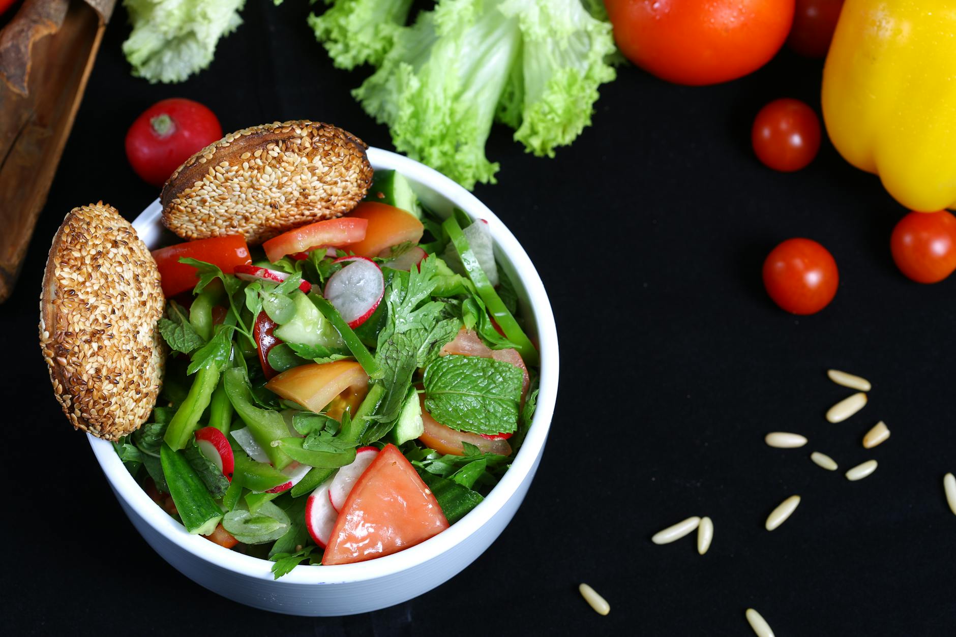 Crispy Fattoush with Sumac & Pine Nuts