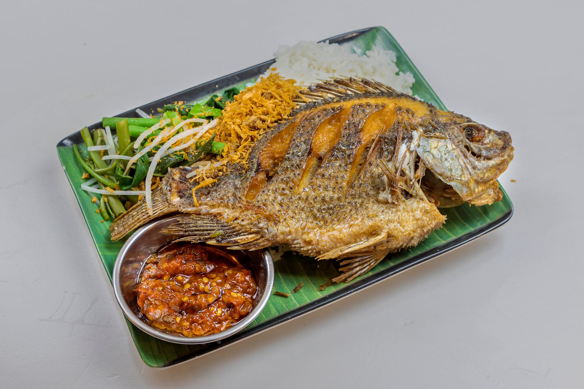 Crispy Fish with Rice & Charred Greens