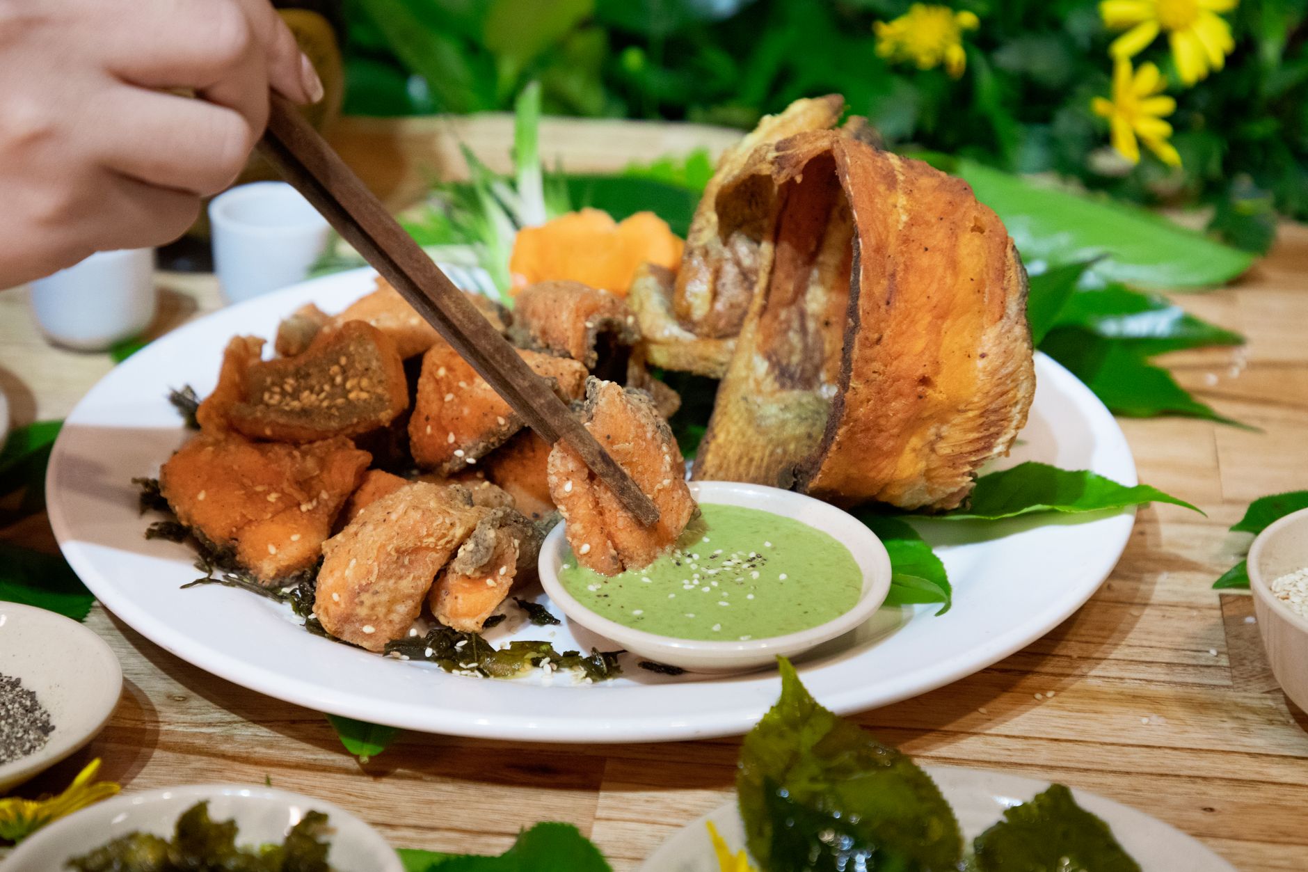 Crispy Fried Fish with Green Sauce & Pickled Carrots