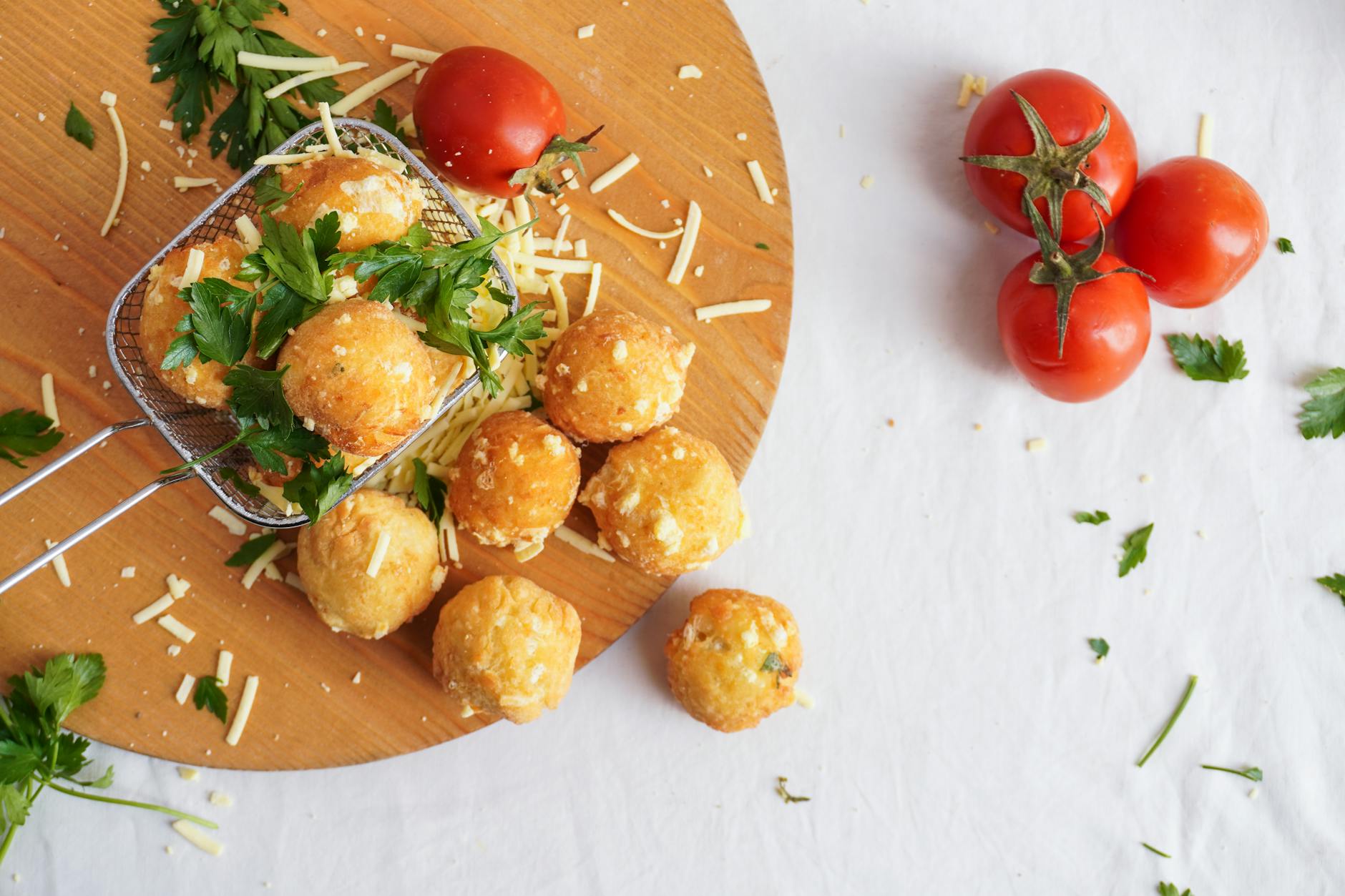 Crispy Malakoff Cheese Ball with Cherry Tomatoes