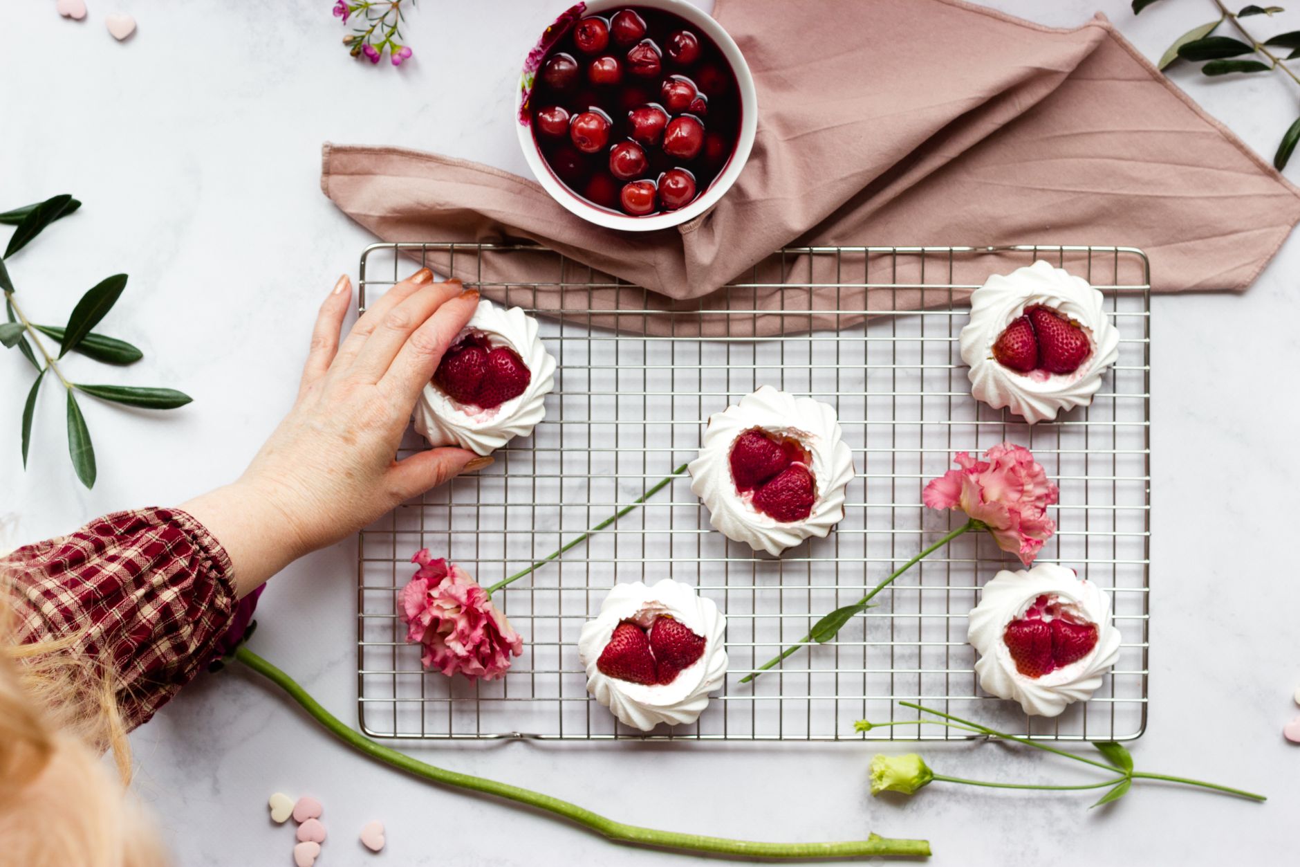 Crispy Meringue Nests with Berries & Cherry Compote
