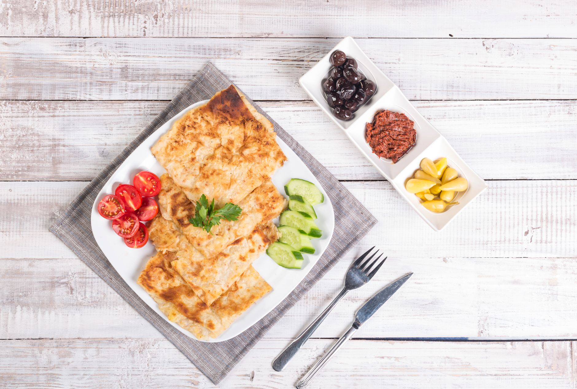 Crispy Msemen with Honey & Marinated Vegetables