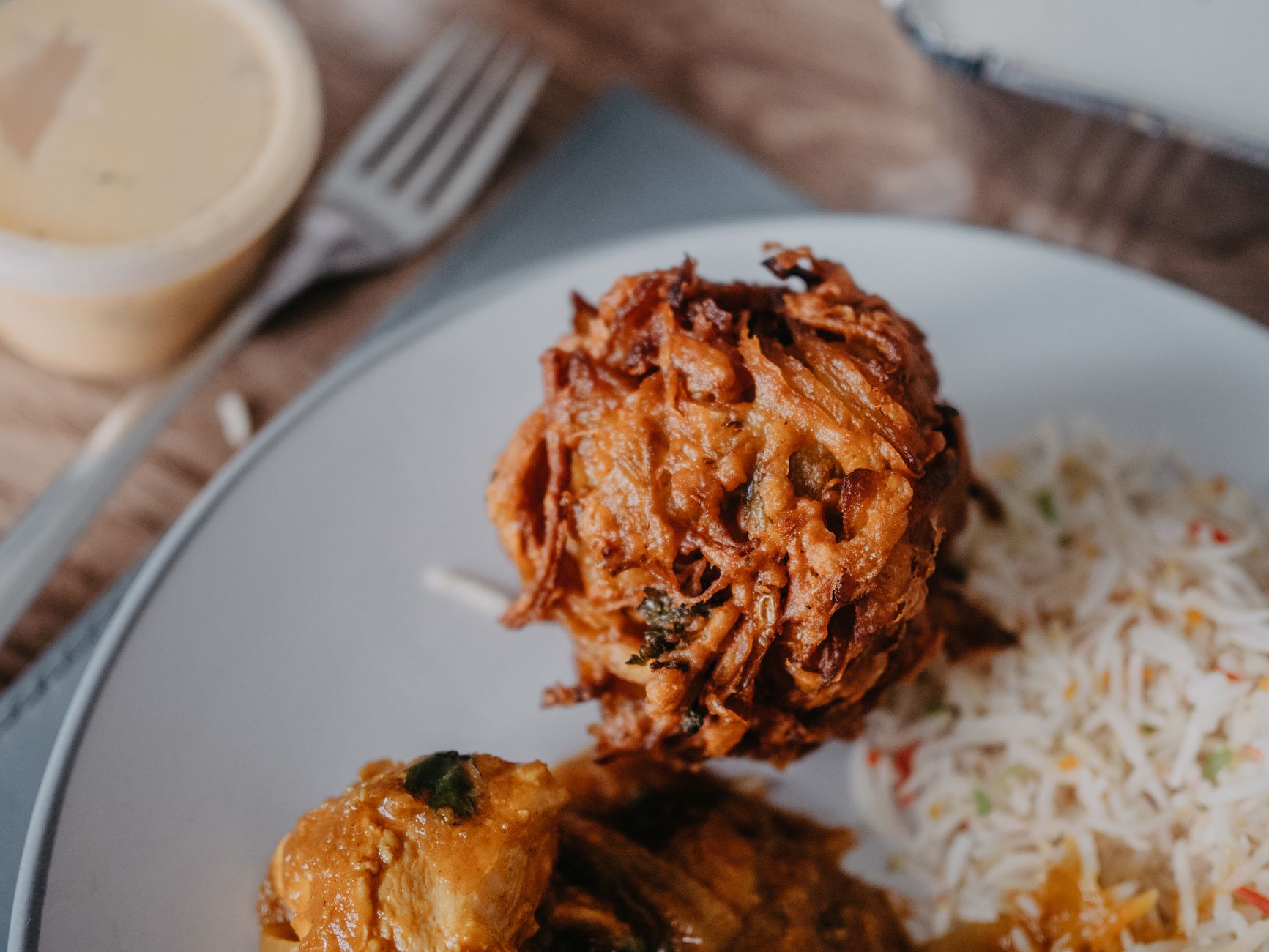 Crispy Onion Bhaji with Curry & Rice