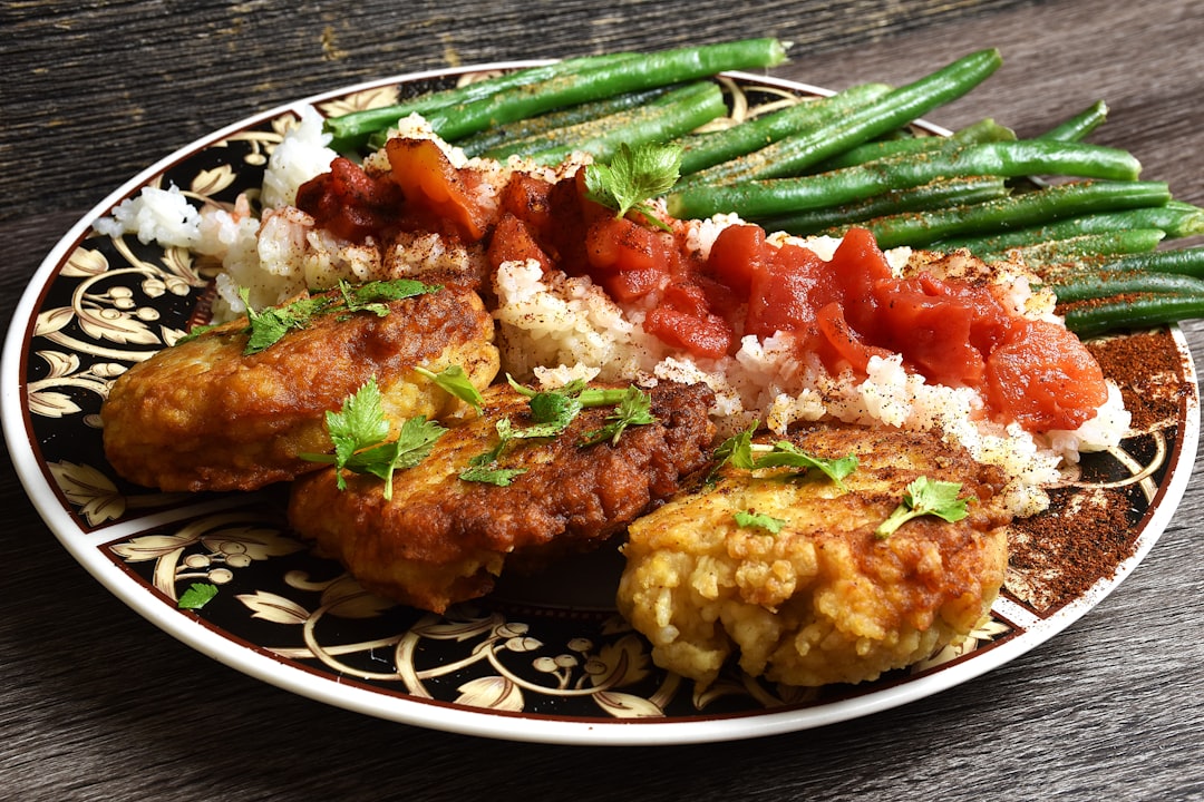 Crispy Perkedel with Rice, Greens & Sambal